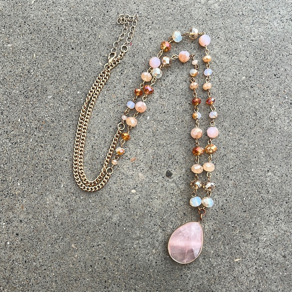 Beaded Long Necklace w/Faux Stone